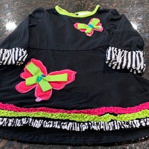 Rare Editions Black Dress with Neon Green and Pink Butterfly